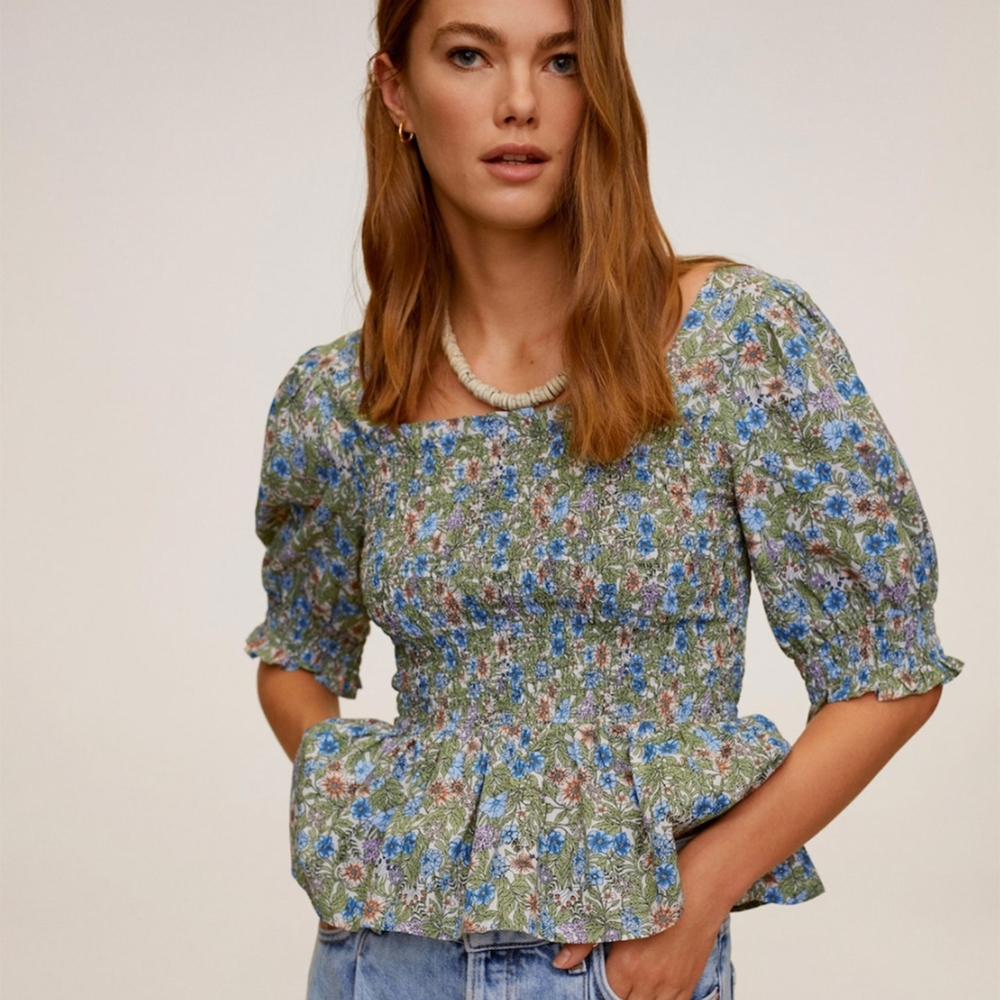 Mango Flloral Smocked Peplum Top